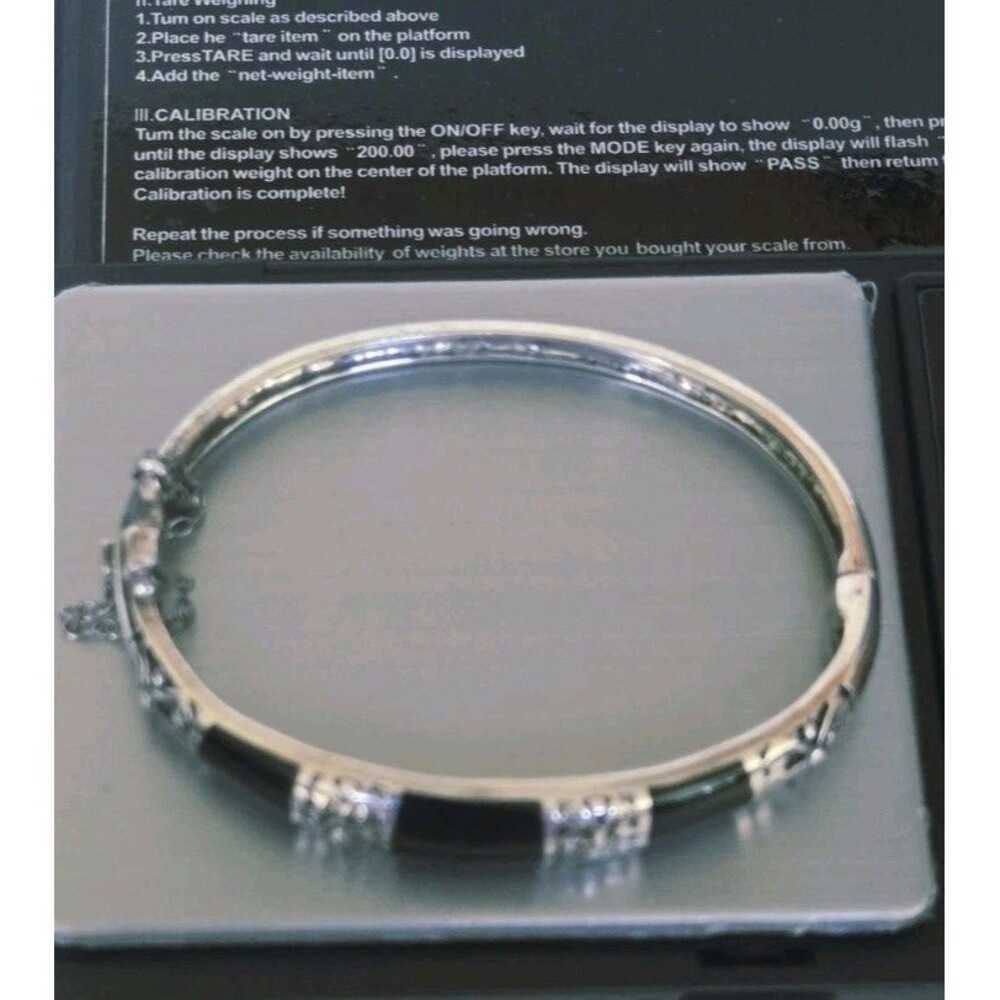 Vintage 925 Sterling Black Onyx  Hinged Bangle Bracelet With Safety Chain 6 1/2"
